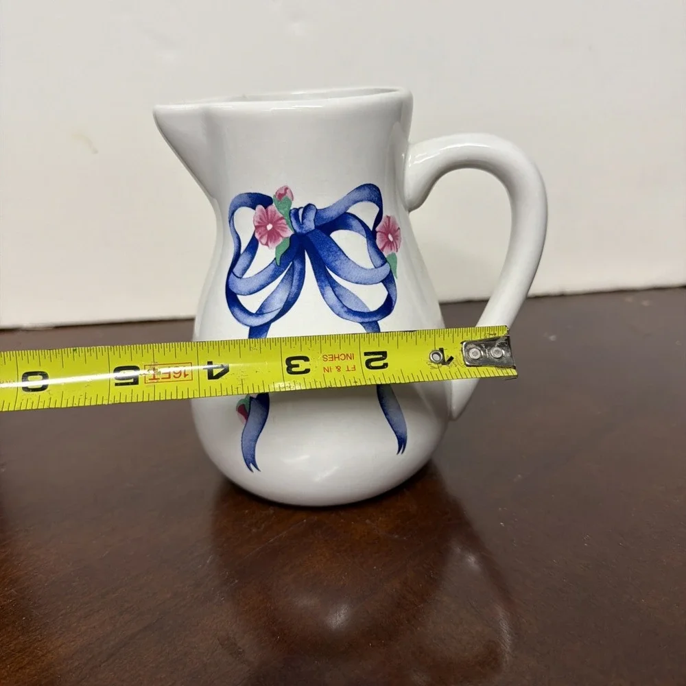 Vintage FTD White Blue Ceramic Pitcher Floral Ribbon Pattern‎ Art Pottery 6